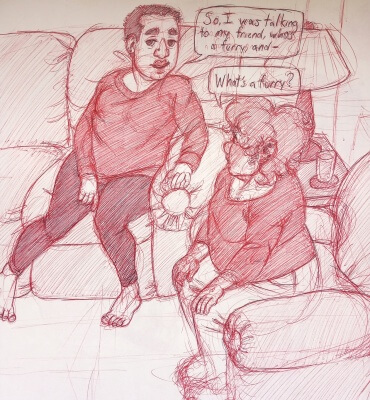 Opal mentioning her friend who is a furry, and Mark interups to ask what a furry is.