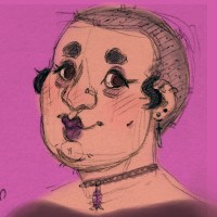 digitally colored pen sketch of Opal with a soft smile, percings, and purple lipstick.