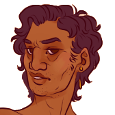 portrait of a latino man with black hair and tan skin. He's got dark brown eyes, deep eyebags, angular eyebrows, a flat nose with a prominent bridge, an overbite, high cheekbones, and full lips.