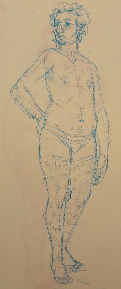 rough sketch of Lazaro in blue pen.
