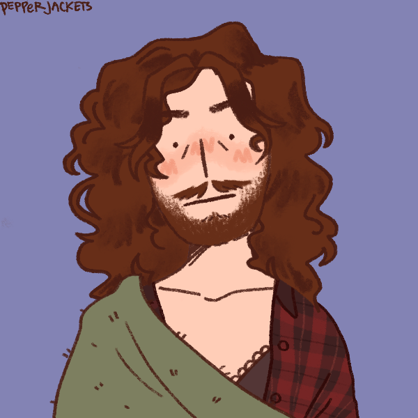 stylized digital portrait of a person with shoulder length wavy brown hair, a beard, and pale skin. They have a blank expression and are wearing a black lace tank top, a red flannel, and a green blanket.