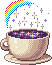 ceramic teacup with starry liquid and a rainbow above
