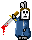 bunny holding a bloody knife and wearing a blue jump suit and mask like halloween movie character Micheal Myers