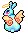 a vibrant light cyan bunny with orange fluttering angel wings. It is sitting away from the viewer, has a halo, and has magenta eyes.