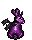 dark purple bunny sitting away from viewer. Has lavander markings, black bat wings, and black horns