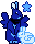 A small light blue bunny with folded wings, sitting infront of a larger dark blue bunny with open wings