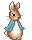 strawberry blond bunny with white underbelly and a blue jacket.