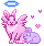 A purple baby bunny sitting with an adult pink bunny that has wings and a halo