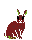 brown bunny sitting, with big black eyes, white outline, and green accents