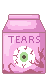 pink carton labeled 'tears' with a bloodshot eye on it