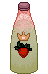 green and pink glass bottle with a strawberry thats wearing a crown on it