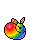 A bunny sitting loaf style, its fur in rainbow colors. It starts with pink in the center of its back, bloominging into red, edged by yellow on its side and on the top of its head, which shifts into green, then its nose ends in blue. Its chest has a hint of violet on its far edge.