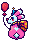 Clown bunny with a red balloon, bright pink costume, and big red bow with yellow spots.