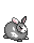 An angry grey bunny with white spots laying down, its stubby legs peaking out from underneith its body.