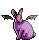 Purple bunny with little black bat wings and intense red eyes.