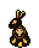 Black bunny with glinting yellow eyes, yellow accented ears and rump, as well as a skull in the cneter of its back.