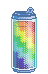 tall can with a checkered rainbow pattern.