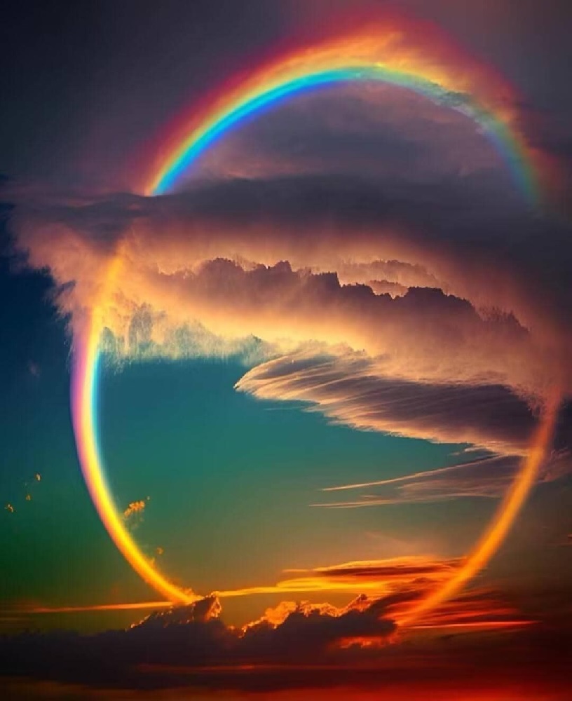 a tilted oval shaped rainbow in clouds above a sunset