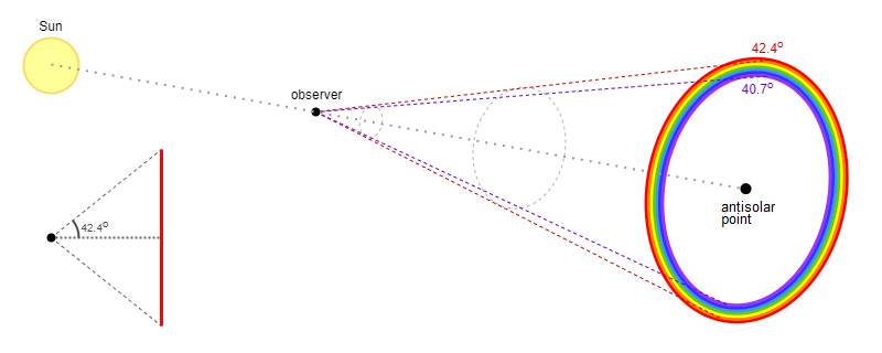 diagram showing the sun, an observer, and the center of the rainbow in a straight line. The observer is in the middle, with the sun and rainbow opposing each other. a cone shape forms from the observer with the rainbow along the surface. The red part of the rainbow is 42.4 degrees from the viewer, and the purple is 40.7 degrees.