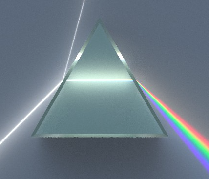 illustration of white light passing through a triangular prism, forming rainbow light