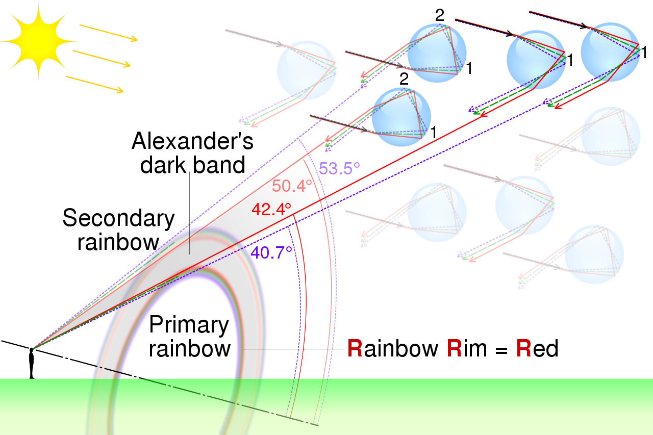 a diagram showing the relationship between the viewer and the primary and secondary rainbows. secondary rainbows are 50.4 to 53.5 degrees out from the antisolar point