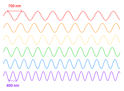 red, orange, yellow, green, blue and violet light depicted as waves, illustrating how red has the widest wavelength and violet has the smallest