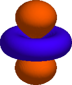 3D model of an orbital, with two orange lobes, and a blue donut around the center.