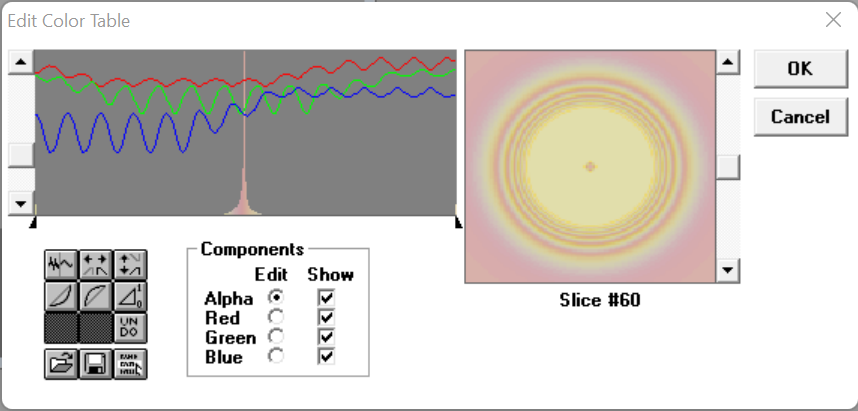 edit color table screen, with shallow red and green waves across the top, red slightly higher, and blue waves slightly below, going higher but shallower.