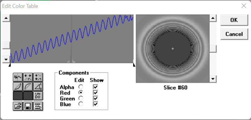 edit color table screen, with red, green, and blue waves steadily increasing, overlapping each other exactly.