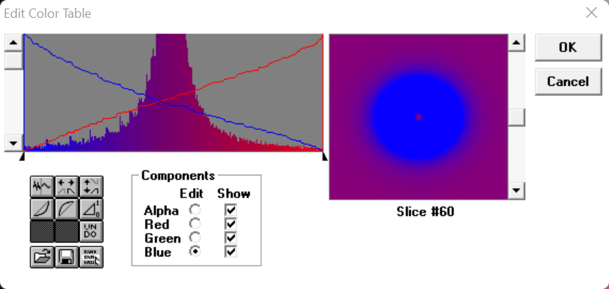 edit color table screen, with red steadily increasing, and blue steadily decreasing.