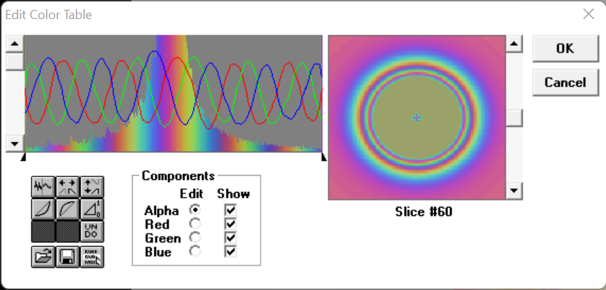 edit color table screen, with red and green waves steadily increasing, and blue waves starkly decreasing in position and wave size.