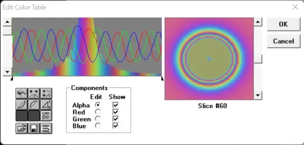 edit color table screen, with red and green waves steadily increasing, and blue waves starkly decreasing in position and wave size.