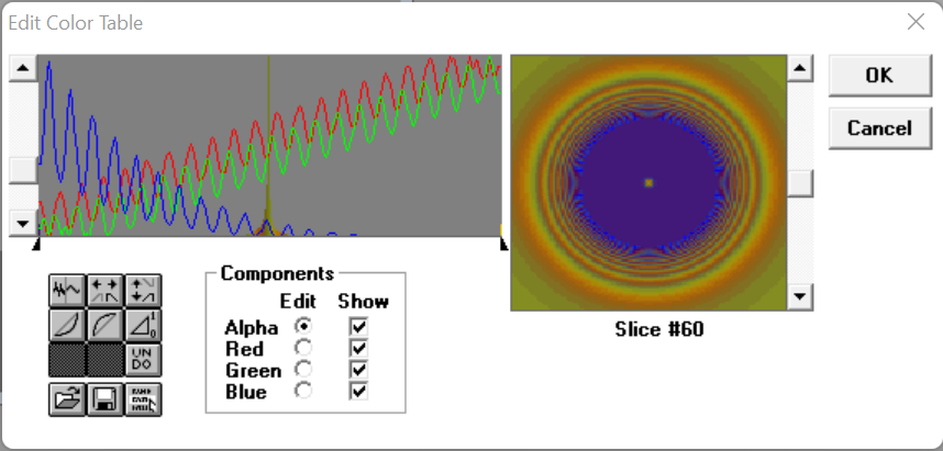 edit color table screen, with red and green waves steadily increasing, and blue waves starkly decreasing in position and wave size.