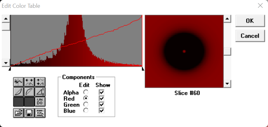 edit color table screen, with red steadily increasing.