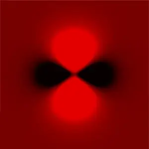 slice of orbital, showing vertical lobes as red and horizontal lobes as black. The background is dark red.