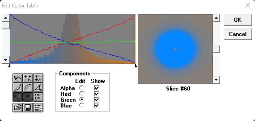 edit color table screen, with red steadily increasing, blue steadily decreasing, and green flat in the middle.