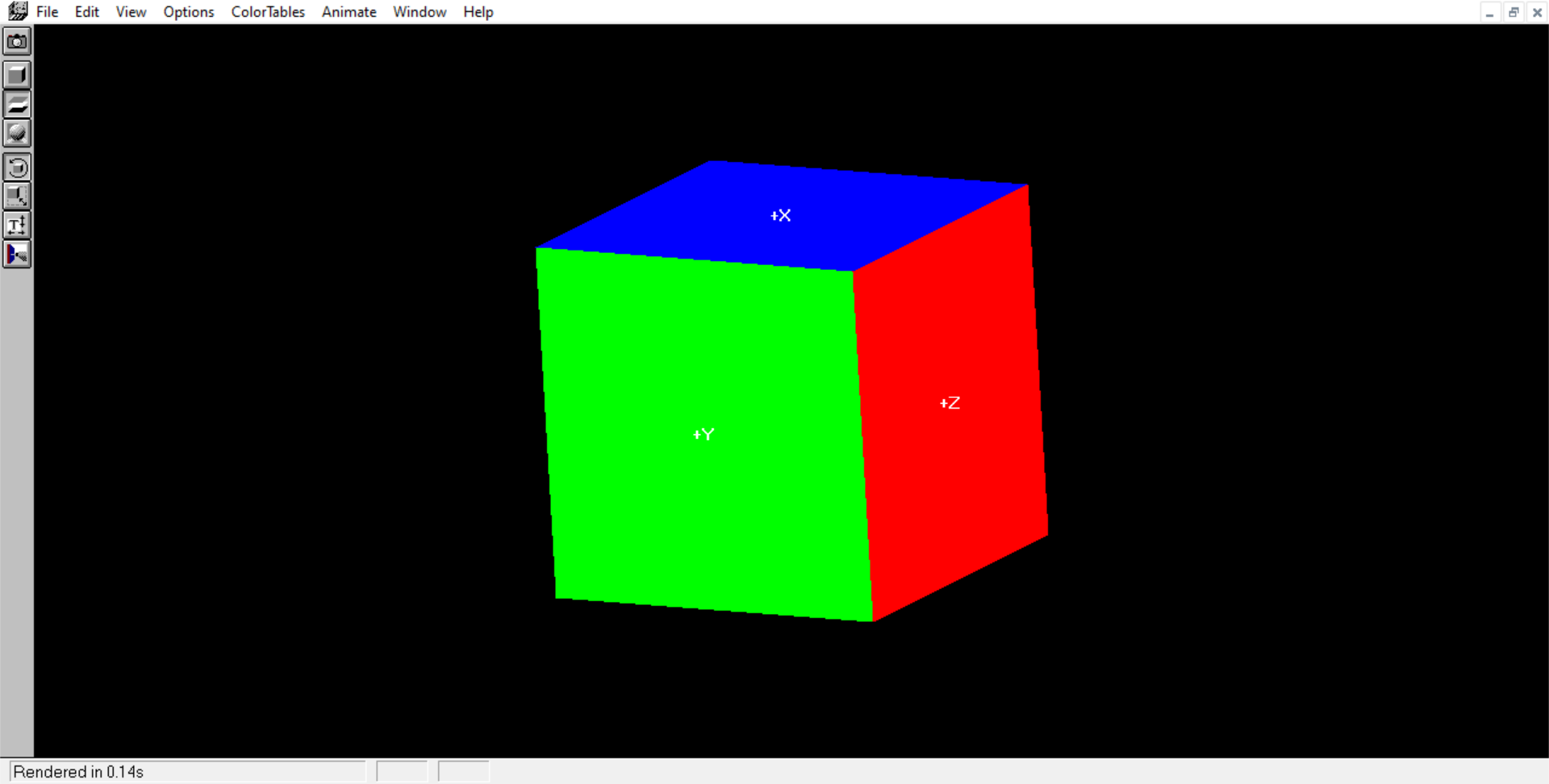 cube with a red, blue, and green face.