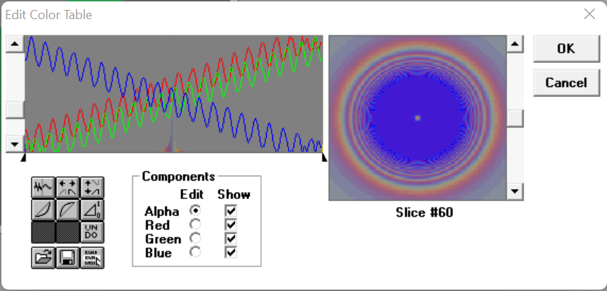 edit color table screen, with red and green waves steadily increasing, and blue waves steadily decreasing.