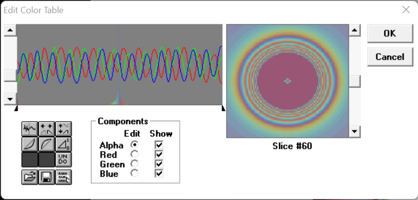 edit color table screen, with red, green, and blue waves stright across the center, and staggered in position from each other.